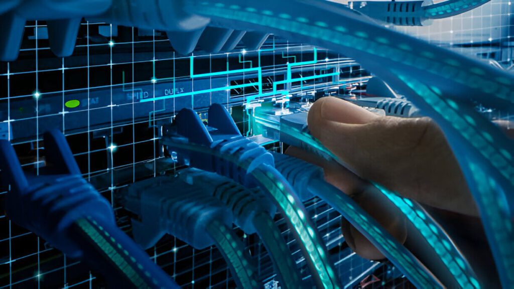Technician plugging a blue Ethernet cable into a network switch, with a digital grid overlay representing high-speed data transfer and modern telecom infrastructure.